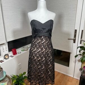White House Black Market Black Strapless Dress with black lace overlay. Size 4